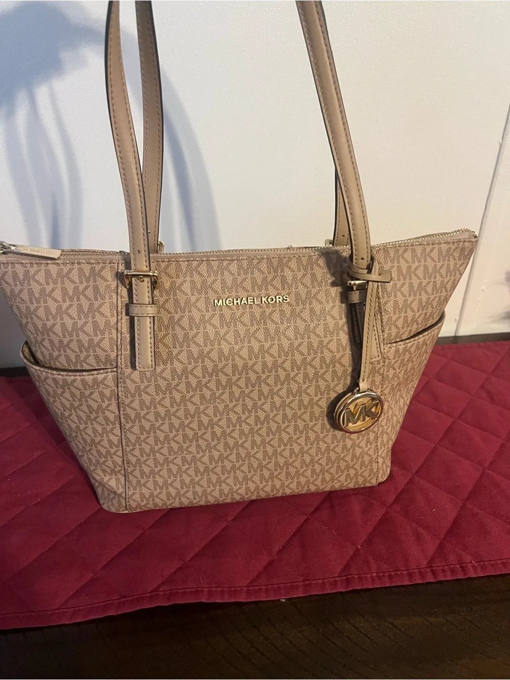 Michael Kors Tan Monogram Large Tote with Gold Logo Charm